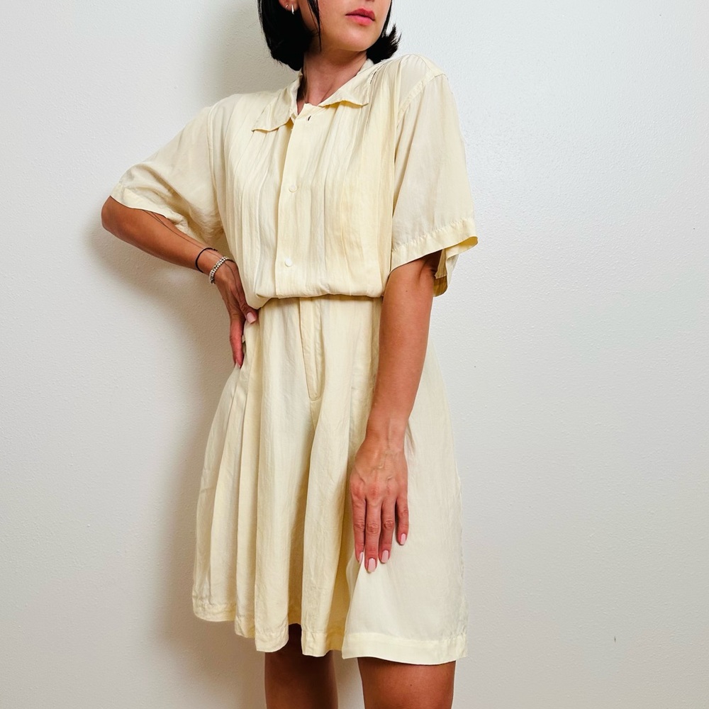 Vintage Ralph Lauren Cream 100% Silk Romper Pleated Pastel Neutral